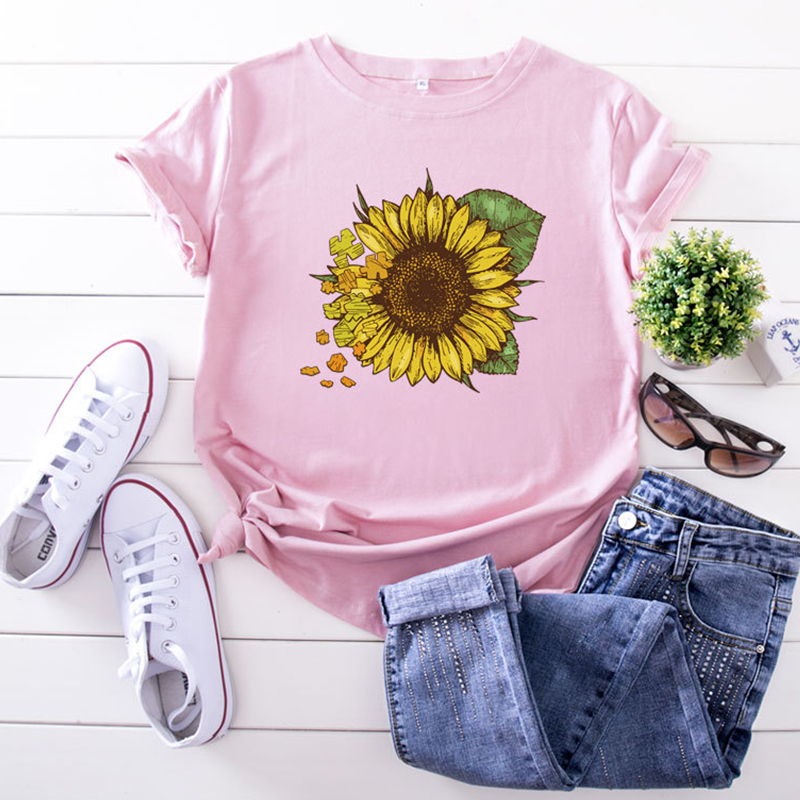 

Lovely Leisure O Neck Sunflower Print Pink Plus Size T-shirt