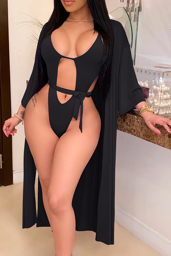 

Lovely Cut-Out Black One-piece Swimsuit(With Cover-Up