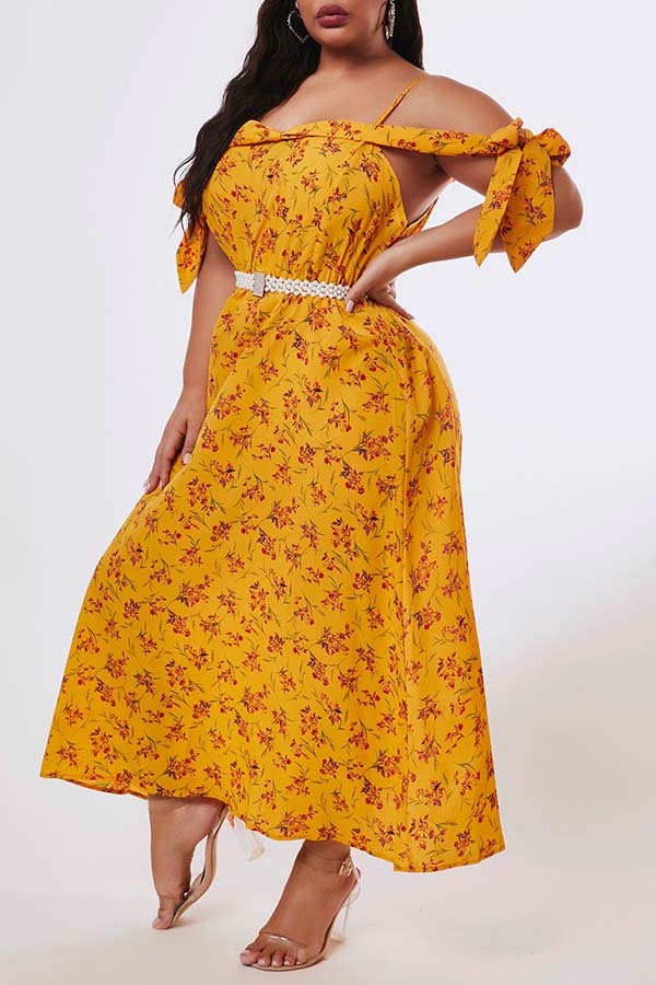 

Lovely Bohemian Floral Print Yelllow Ankle Length Plus Size Dress, Yellow