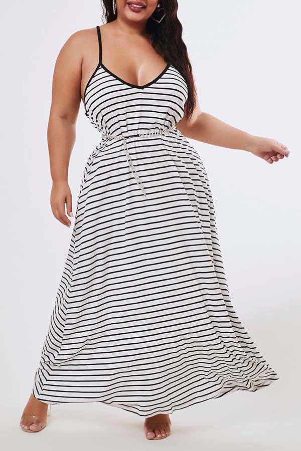 Lovely Casual Striped Black Ankle Length Plus Size Dress