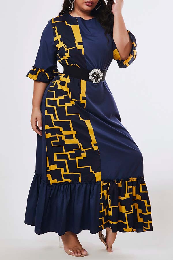 

Lovely Trendy O Neck Print Deep Blue Ankle Length Plus Size Dress