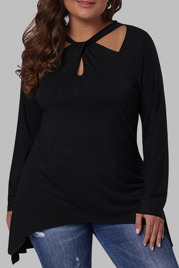 

Lovely Casual O Neck Hollow-out Black Plus Size Blouse