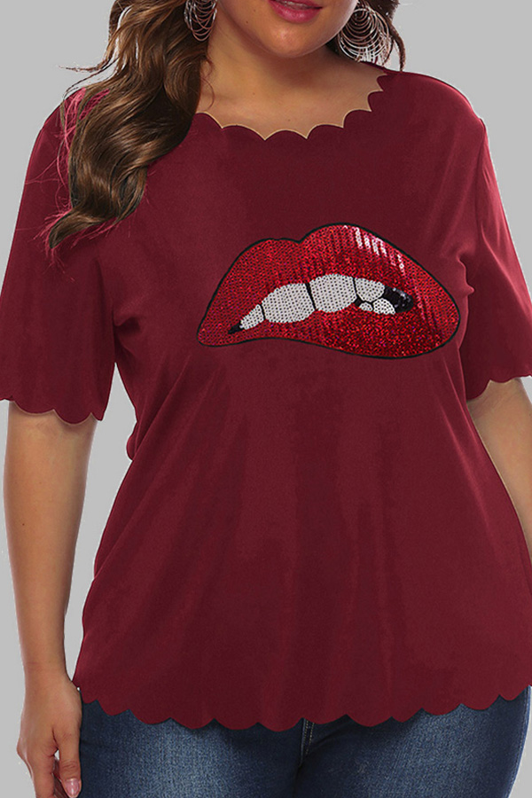 

Lovely Casual O Neck Lip Print Red Plus Size T-shirt