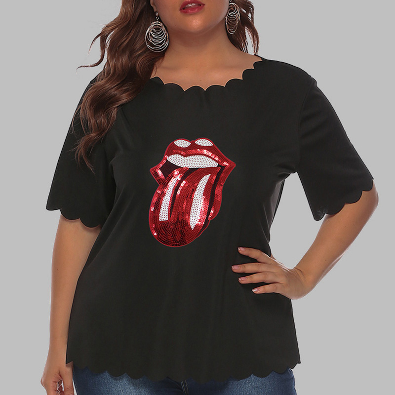 

Lovely Casual O Neck Lip Black Plus Size T-shirt