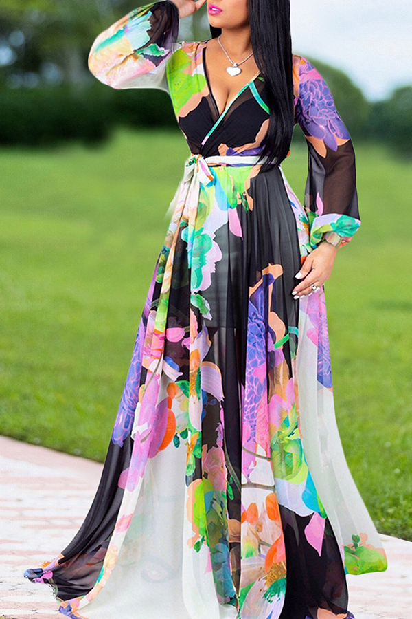 

Lovely Trendy V Neck Print Black Maxi Dress