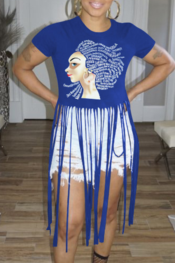 

Lovely Trendy O Neck Tassel Design Blue T-shirt