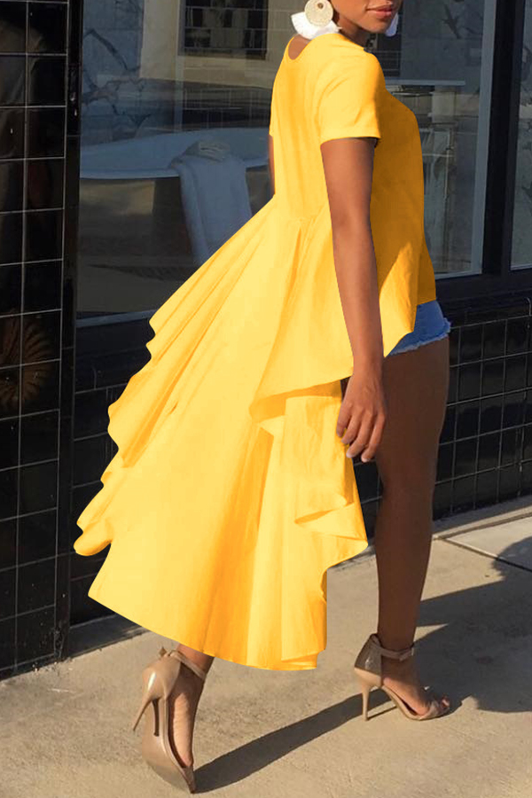 

Lovely Trendy Flounce Design Asymmetrical Yellow Blouse