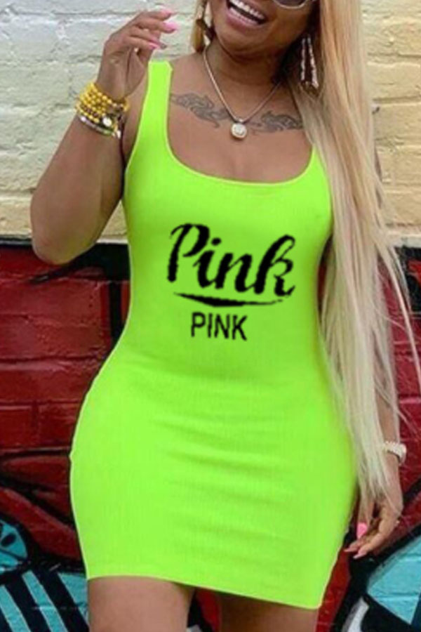 

Lovely Casual U Neck Letter Yellow Mini Plus Size Dress