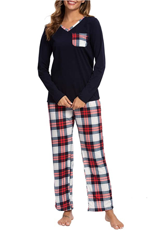 

Lovely Trendy Grid Print Navy Blue Loungewear
