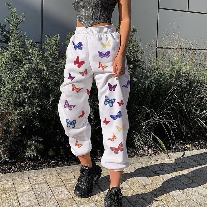 

Lovely Trendy Butterfly Print White Pants