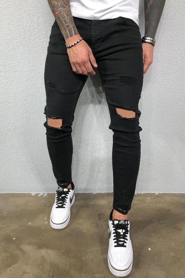 Lovely Men Trendy Hollow-out Black Jeans