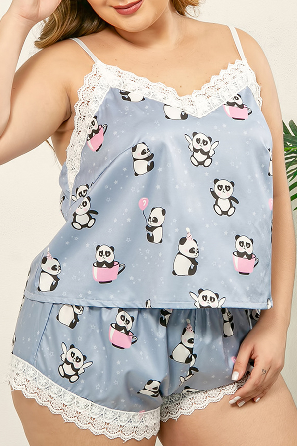 

Lovely Sexy Cartoon Print Bbby Blue Plus Size Sleepwear, Baby blue