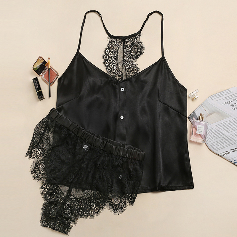 

Lovely Sexy Lace Patchwork Black Plus Size Sleepwear