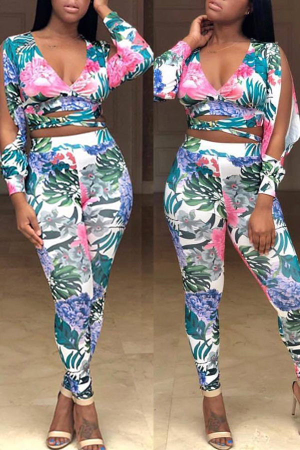 

Lovely Trendy Plants Print White Two-piece Pants Set