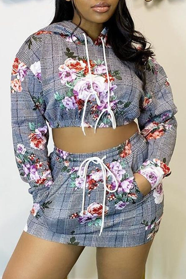 

Lovely Trendy Print Grey Plus Size Two-piece Skirt Set