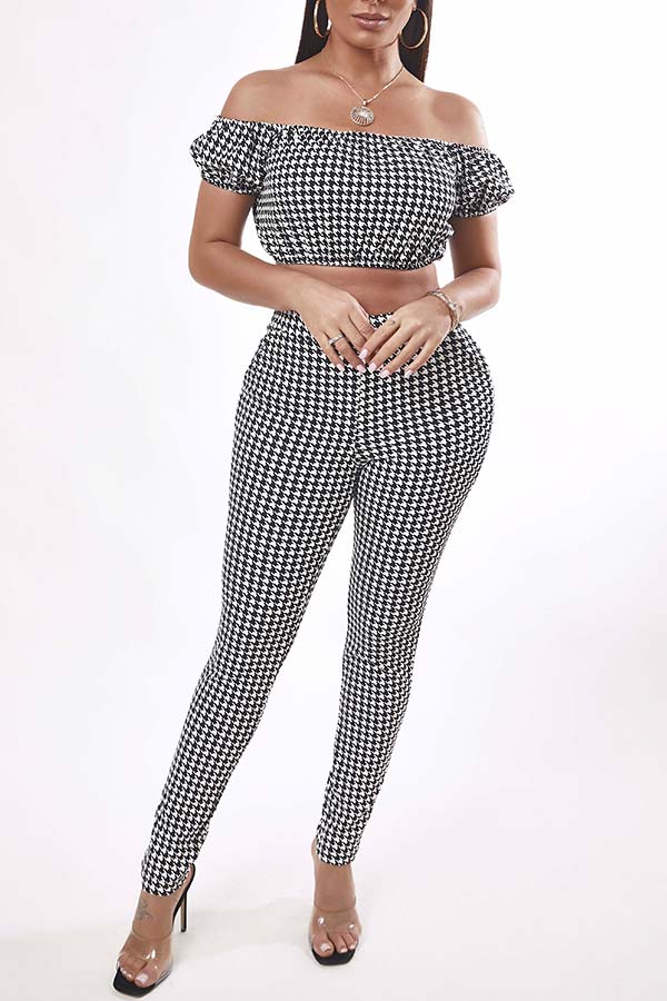 

Lovely Trendy Dew Shoulder Grid Black Two-piece Pants Set