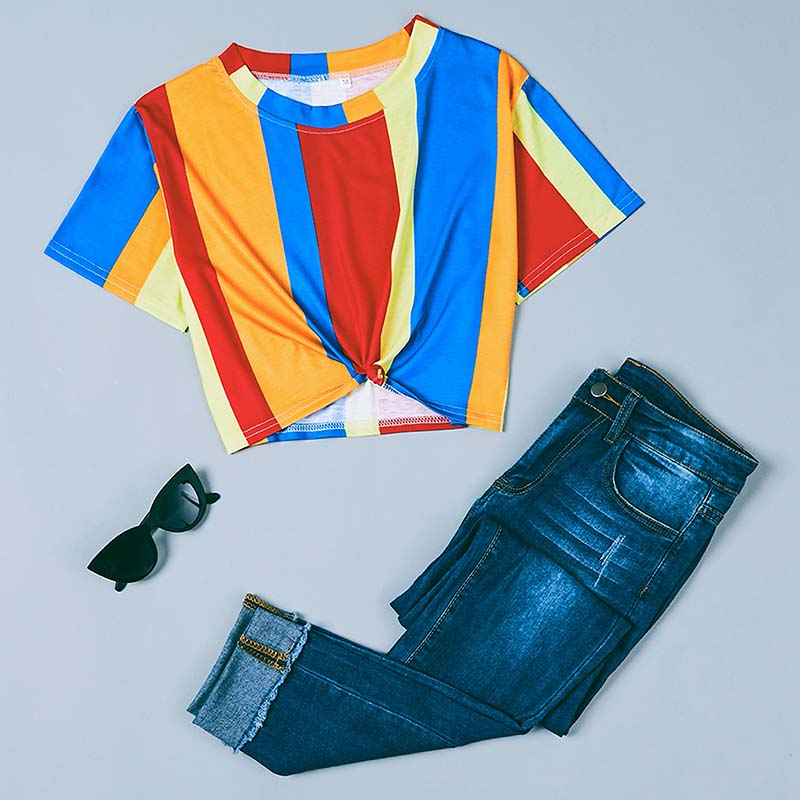 

Lovely Leisure O Neck Rainbow Striped Yellow T-shirt