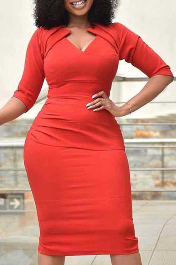 

Lovely Trendy Fold Design Red Knee Length Plus Size Dress