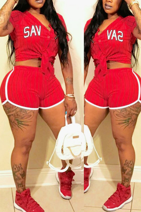 

LW Casual Letter Print Red Two-piece Shorts Set
