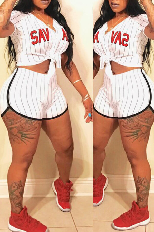 LovelyWholesale Striped Letter Print Shorts Set Summer Short Sleeve Sporty Lace Up V Neck Spring Summer 2024