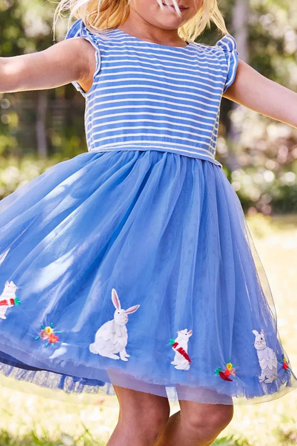 

Lovely Sweet Striped Blue Girl Knee Length Dress