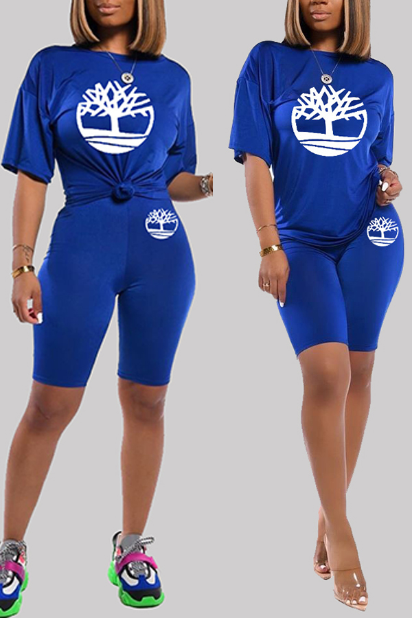 

Lovely Casual Print Blue Two-piece Shorts Set