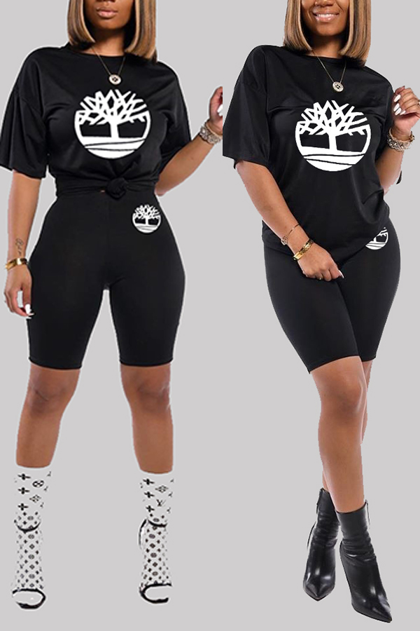 

Lovely Casual Print Black Two-piece Shorts Set