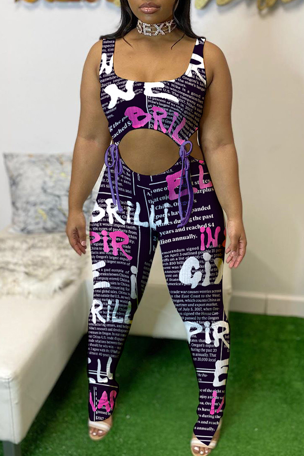 

Lovely Sexy Print Purple One-piece Jumpsuit