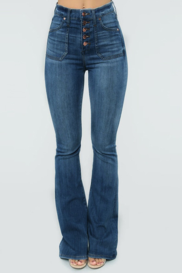 

Lovely Casual Buttons Design Deep Blue Plus Size Jeans