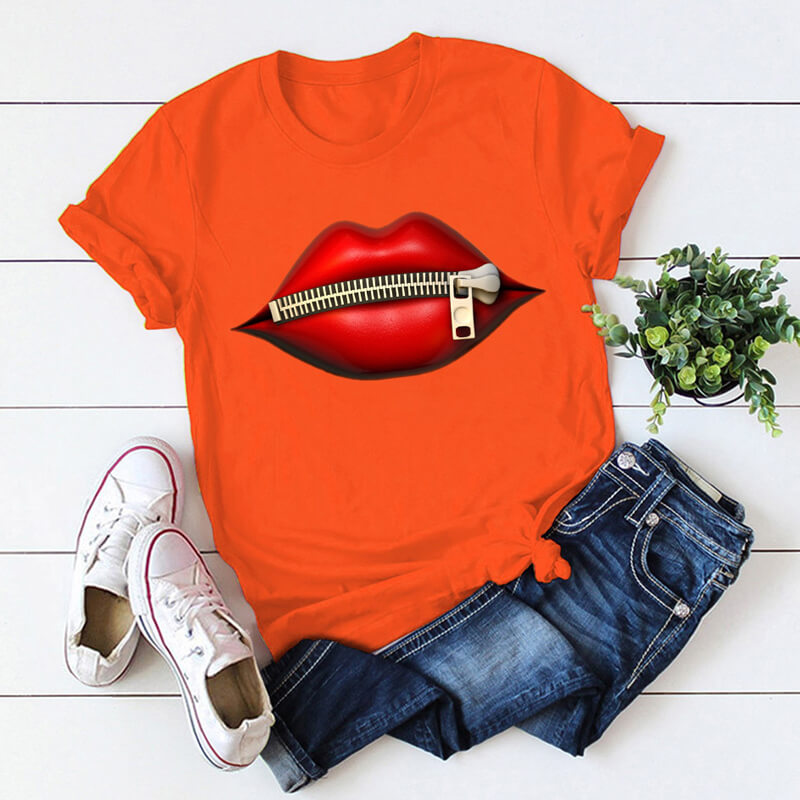 

Lovely Casual O Neck Lip Print Orange T-shirt