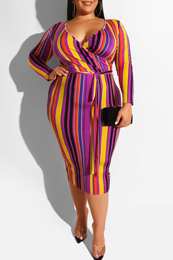 

Lovely Casual Striped Multicolor Mid Calf Plus Size Dress, Multi