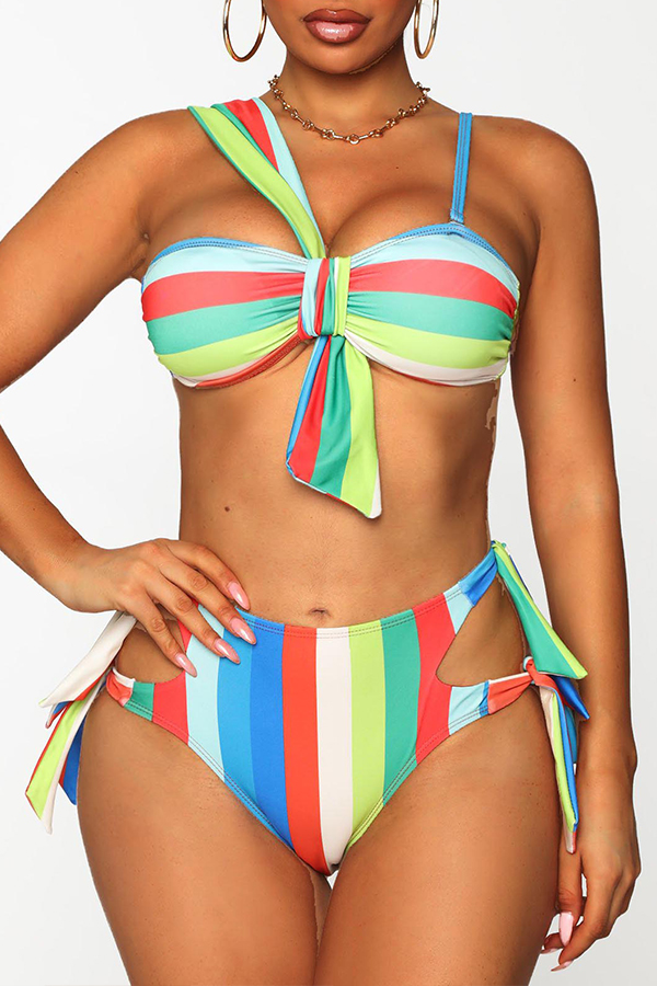 

Lovely Striped Multicolor Two-piece Swimsuit, Multi