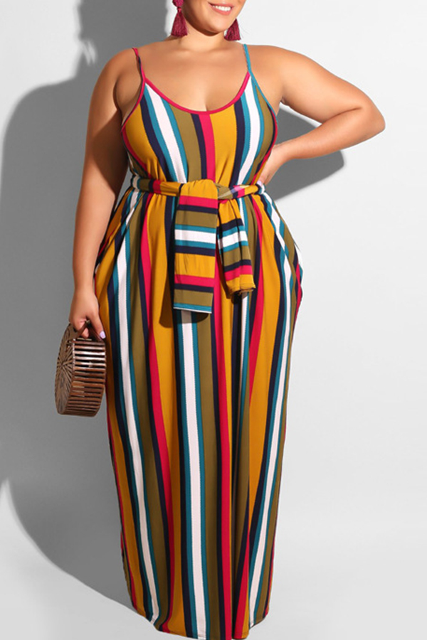 Lovely Casual Striped Yelllow Maxi Plus Size Dress