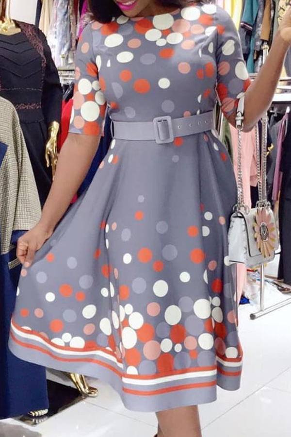 

Lovely Casual Print Grey Mid Calf Plus Size Dress