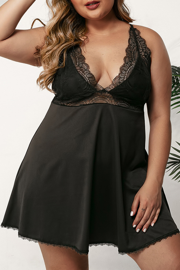 

Lovely Sexy Lace Patchwork Black Plus Size Sleepwear