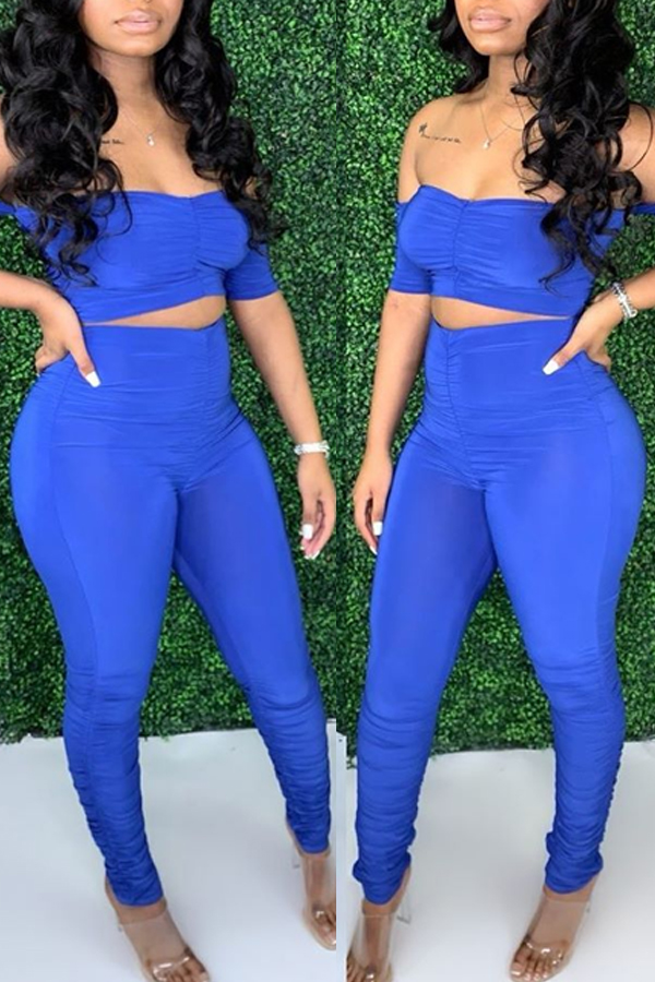 

Lovely Trendy Fold Design Blue Two-piece Pants Set