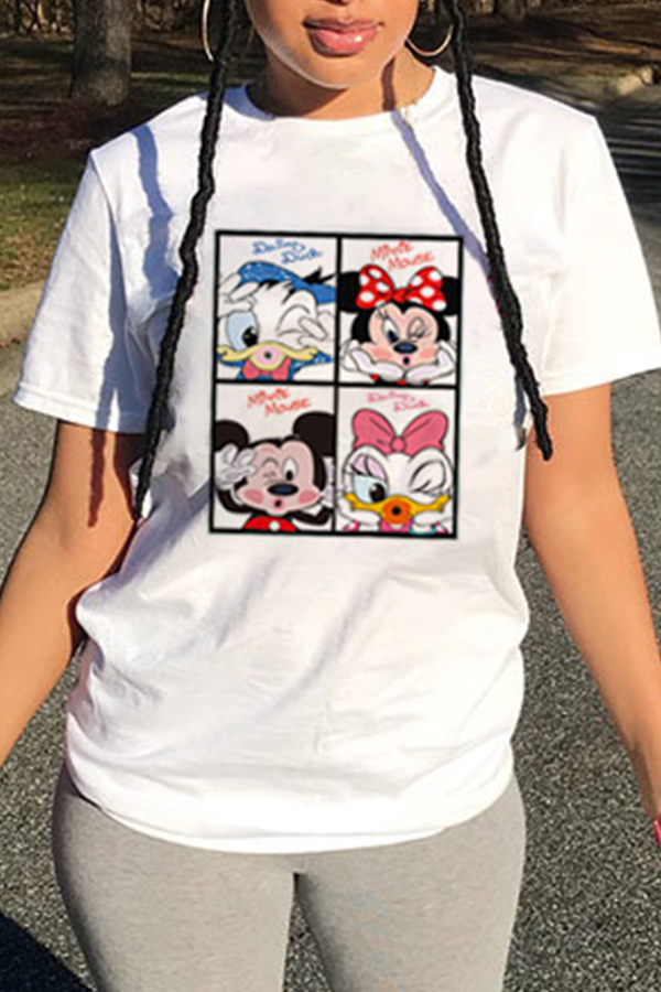 

Lovely Casual O Neck Cartoon Print White T-shirt