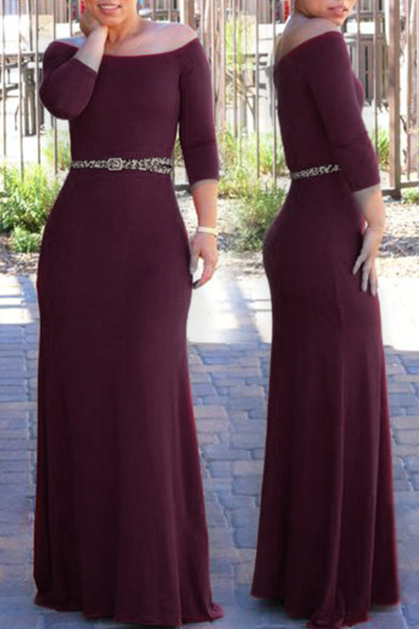 

Lovely Bohemian Dew Shoulder Wine Red Maxi Dress