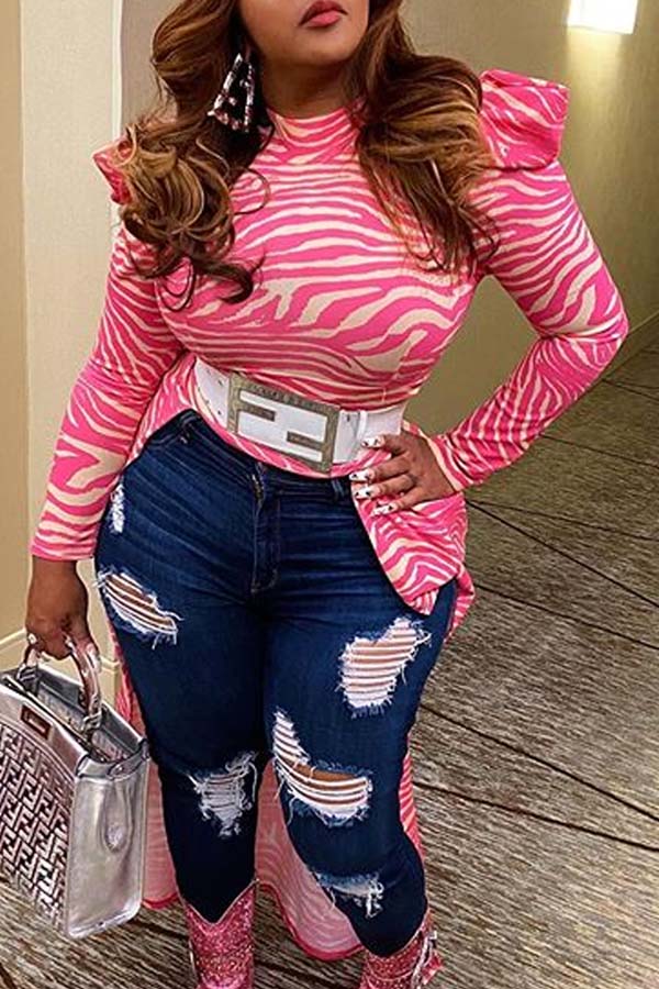 

Lovely Stylish Print Pink Plus Size Blouse
