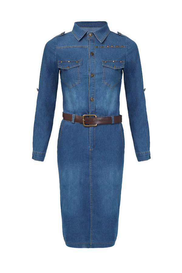 

Lovely Casual Turndown Collar Buttons Design Blue Mid Calf Plus Size Dress