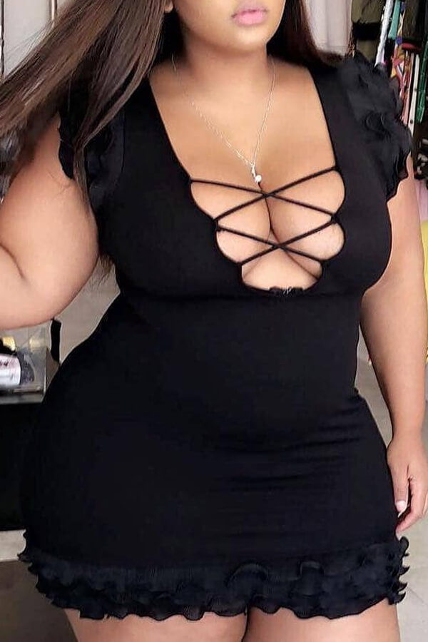 Lovely Plus Size Sexy Patchwork Black Mini Dress