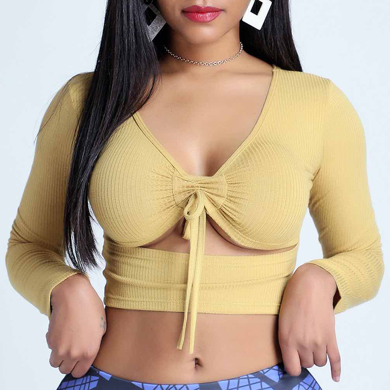 

Lovely Sexy V Neck Hollow-out Yellow T-shirt