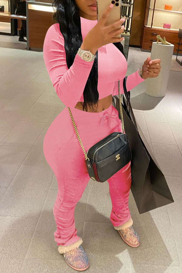 

Lovely Casual Fold Design Pink Two-piece Pants Set