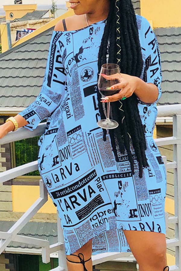 

Lovely Trendy Print Baby Blue Knee Length Plus Size Dress