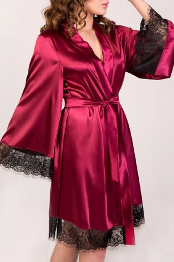 

Lovely Leisure Lace Patchwork Wine Red Sleepwear
