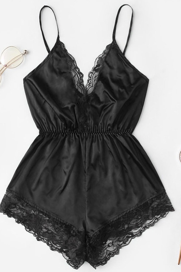 

Lovely Sexy Lace Hem Black Sleepwear