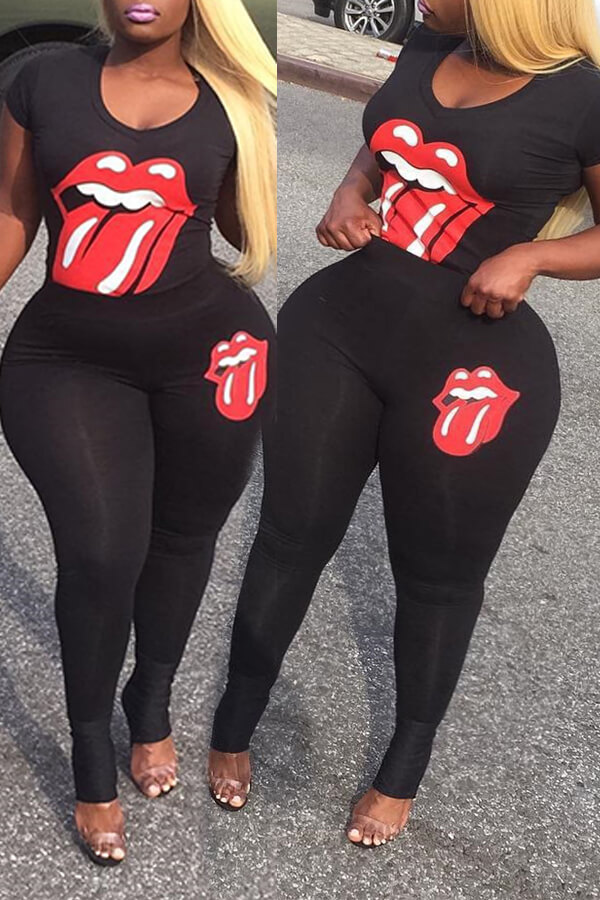 

Lovely Plus Size Leisure Lip Print Black Two-piece Pants Set