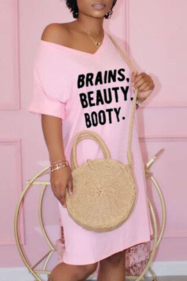 

Lovely Casual Letter Pink Knee Length Dress