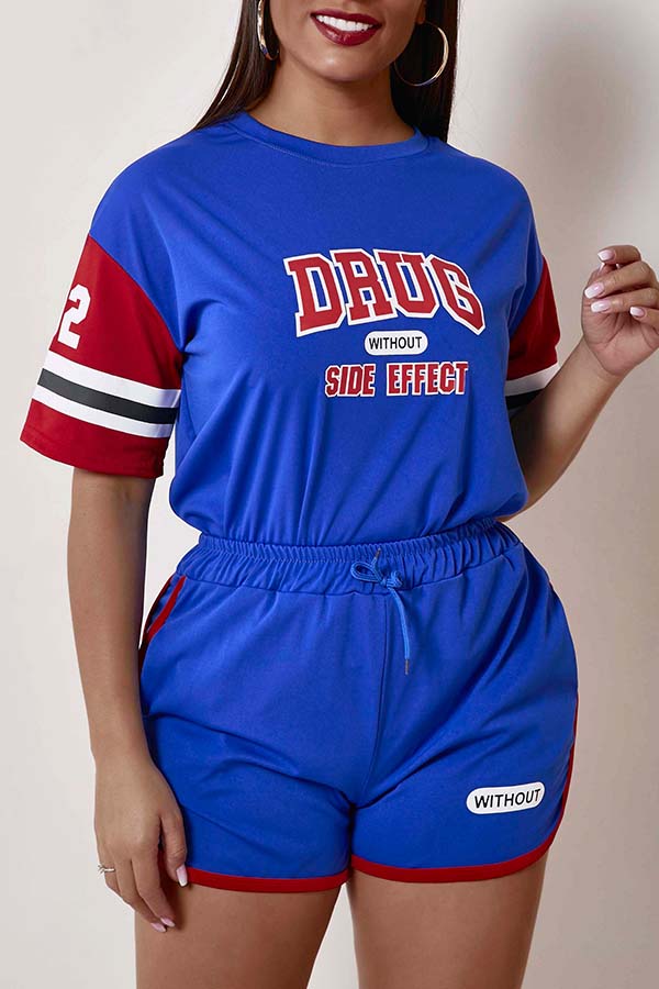 

Lovely Sportswear Letter Print Blue Two-piece Shorts Set