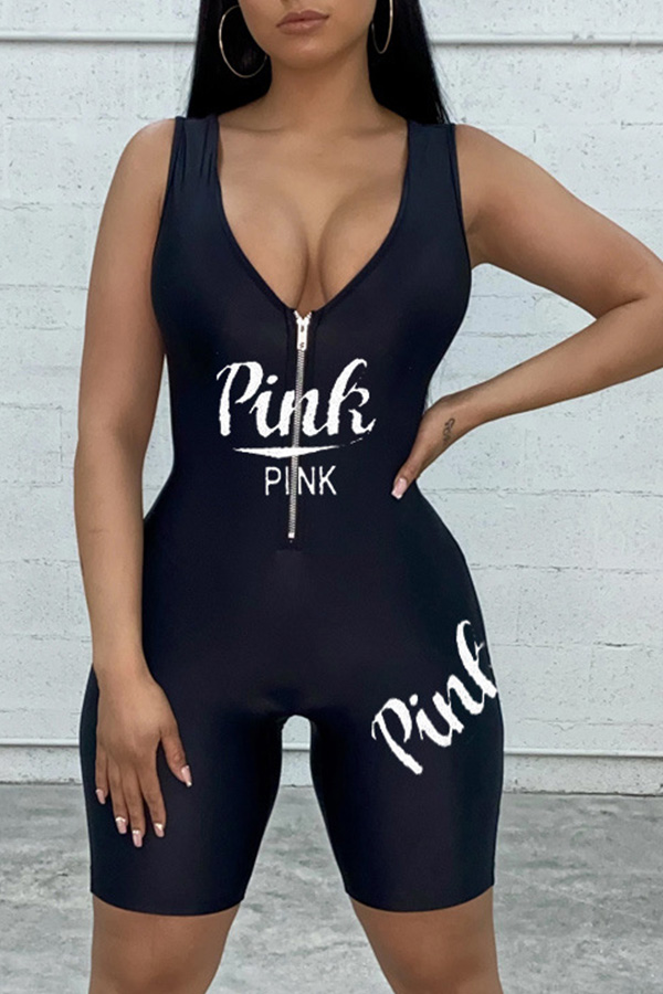 

Lovely Sportswear Zipper Design Black One-piece Romper